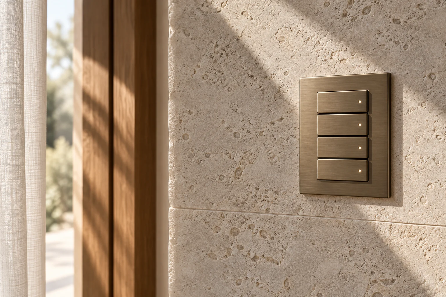 Four-button bronze keypad on a limestone wall