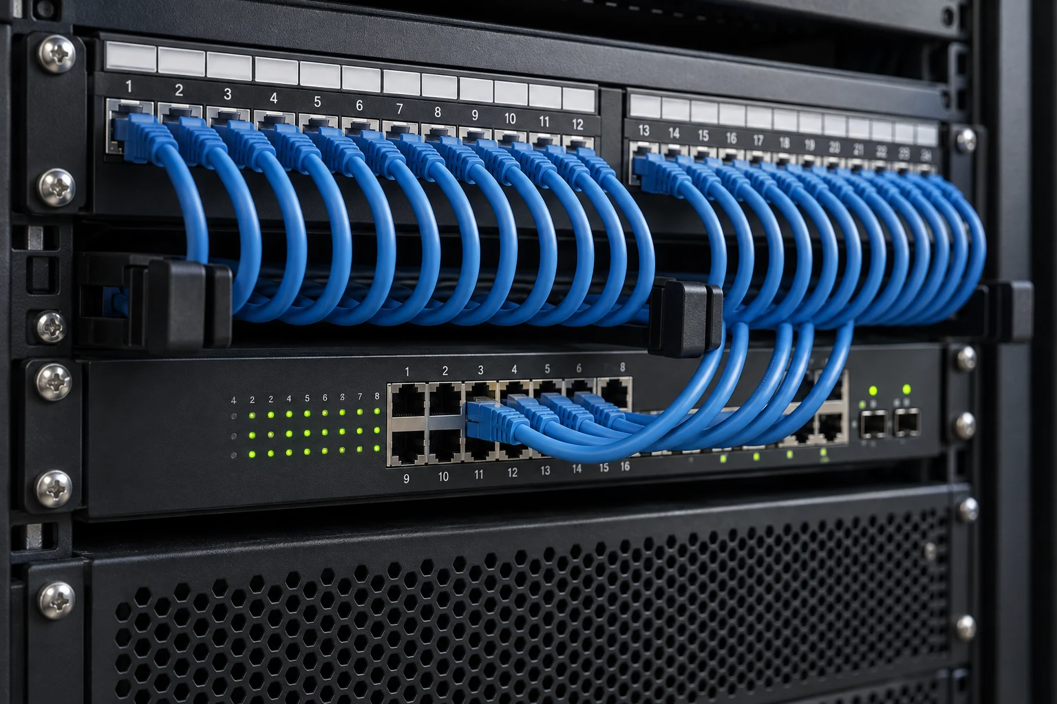 Organized blue network cables and black equipment