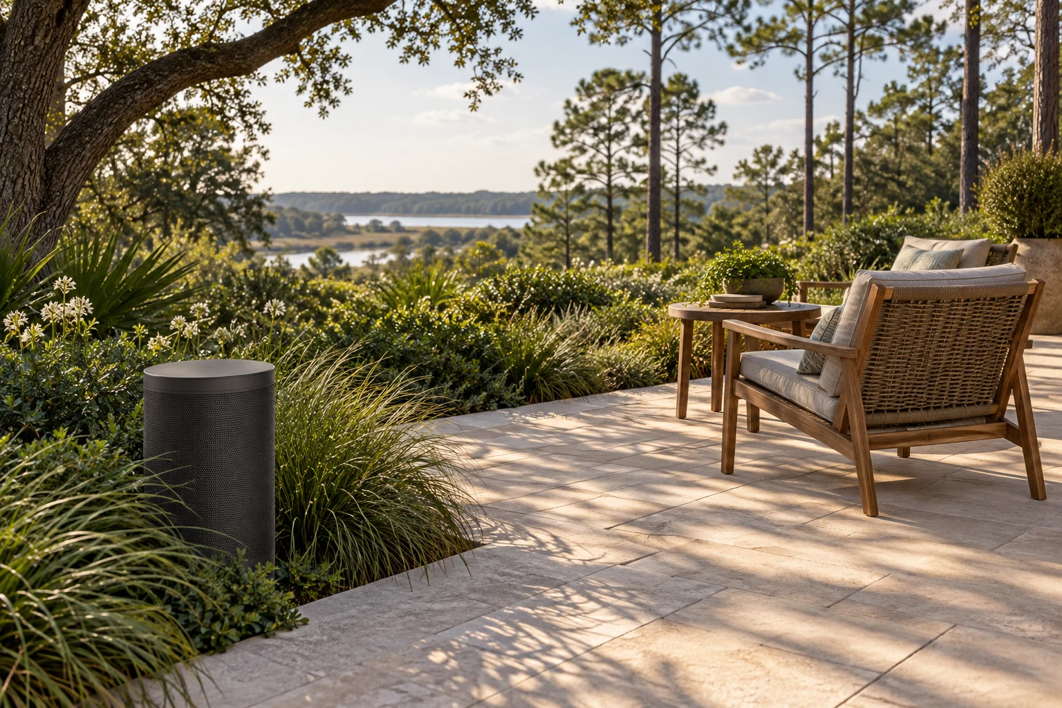 Discreet garden speaker beside a sunlit terrace